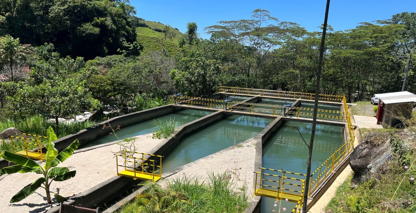 Three stream of water in a hydropower plant surrounded by trees and other vegetation.